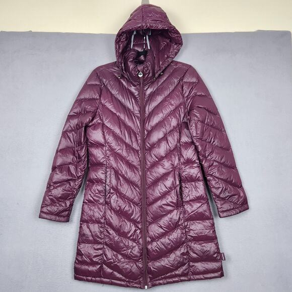 Calvin Klein Down Puffer Jacket Womens Medium Purple Hooded Packable Long Coat - Picture 1 of 16